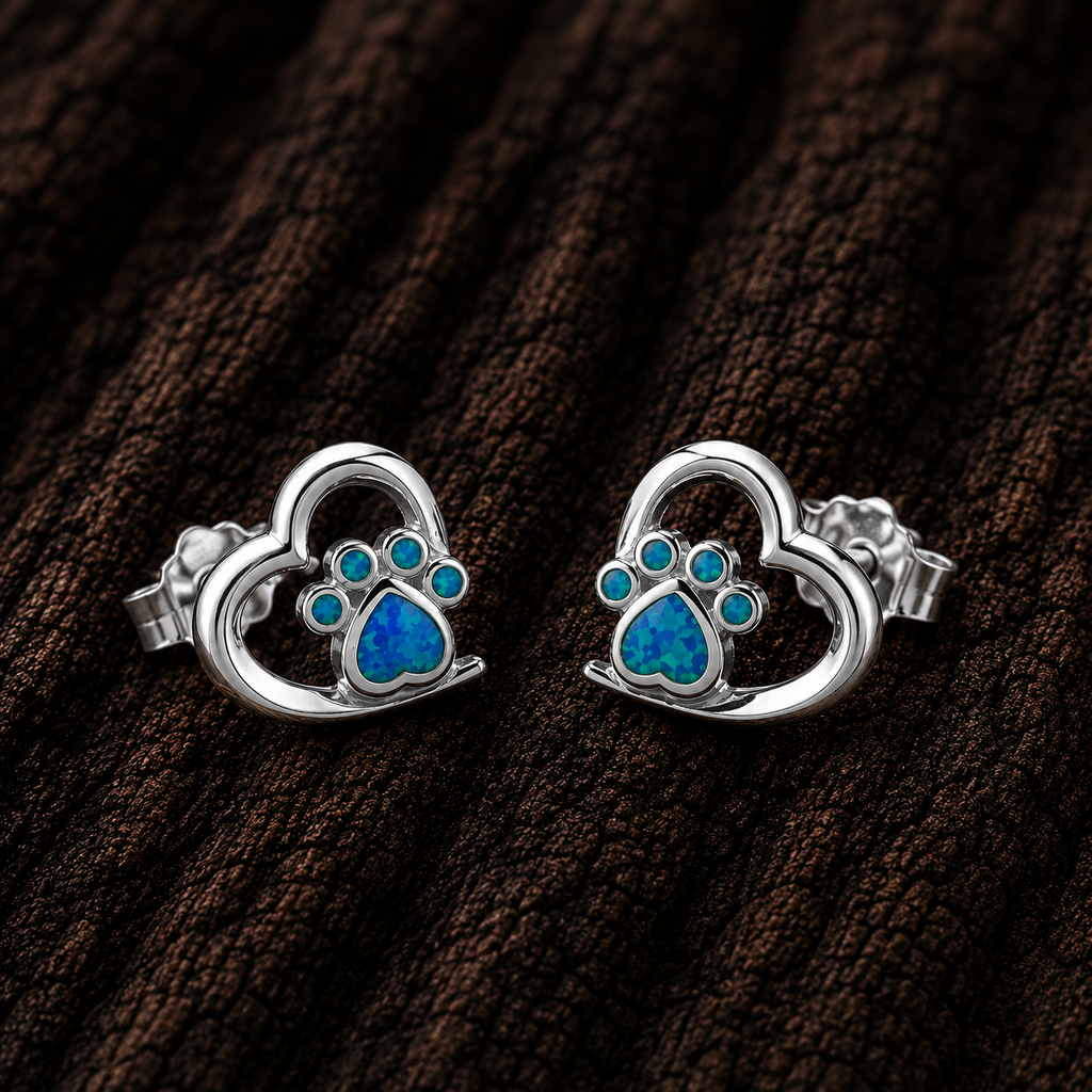 925 Sterling Silver Heart Paw Stud Earrings with Blue Synthetic Opal