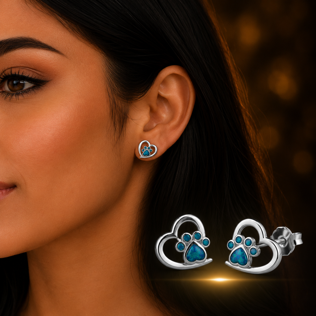 Woman wearing 925 Sterling Silver Heart Paw Stud Earrings
