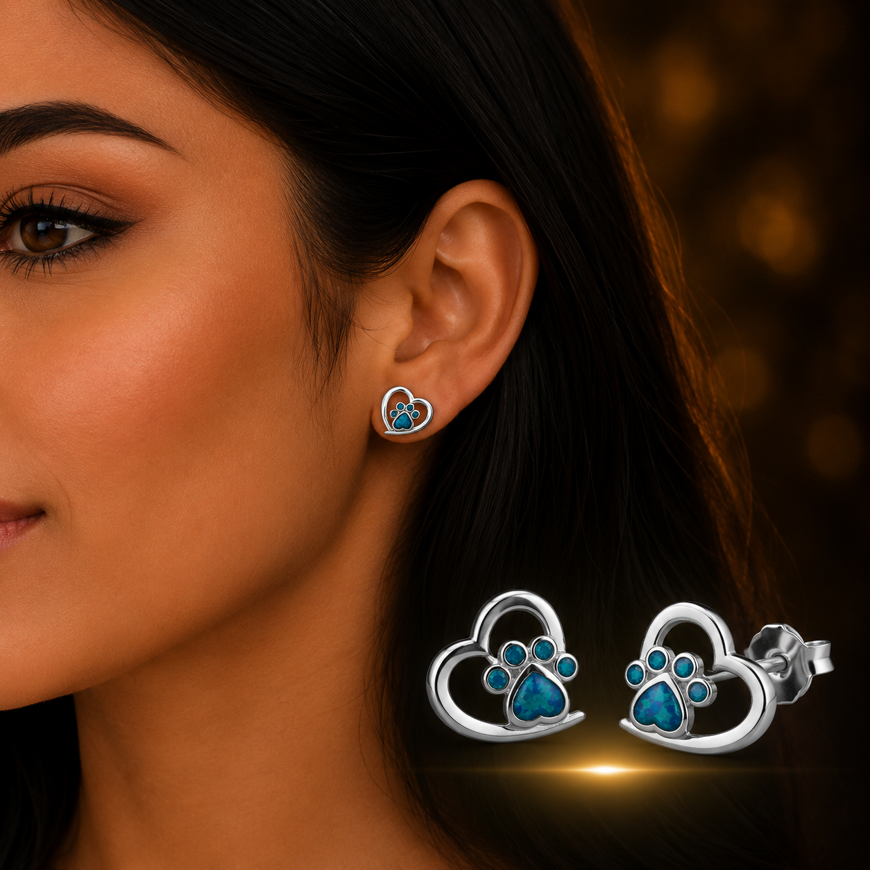 Woman wearing 925 Sterling Silver Heart Paw Stud Earrings