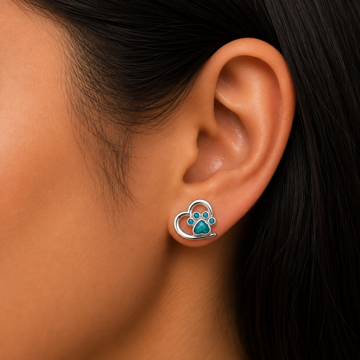 Woman wearing 925 Sterling Silver Heart Paw Stud Earrings