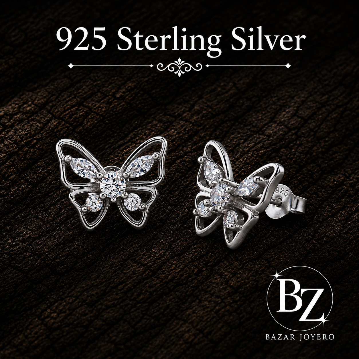925 Sterling Silver Butterfly Stud Earrings with AAA Cubic Zirconia