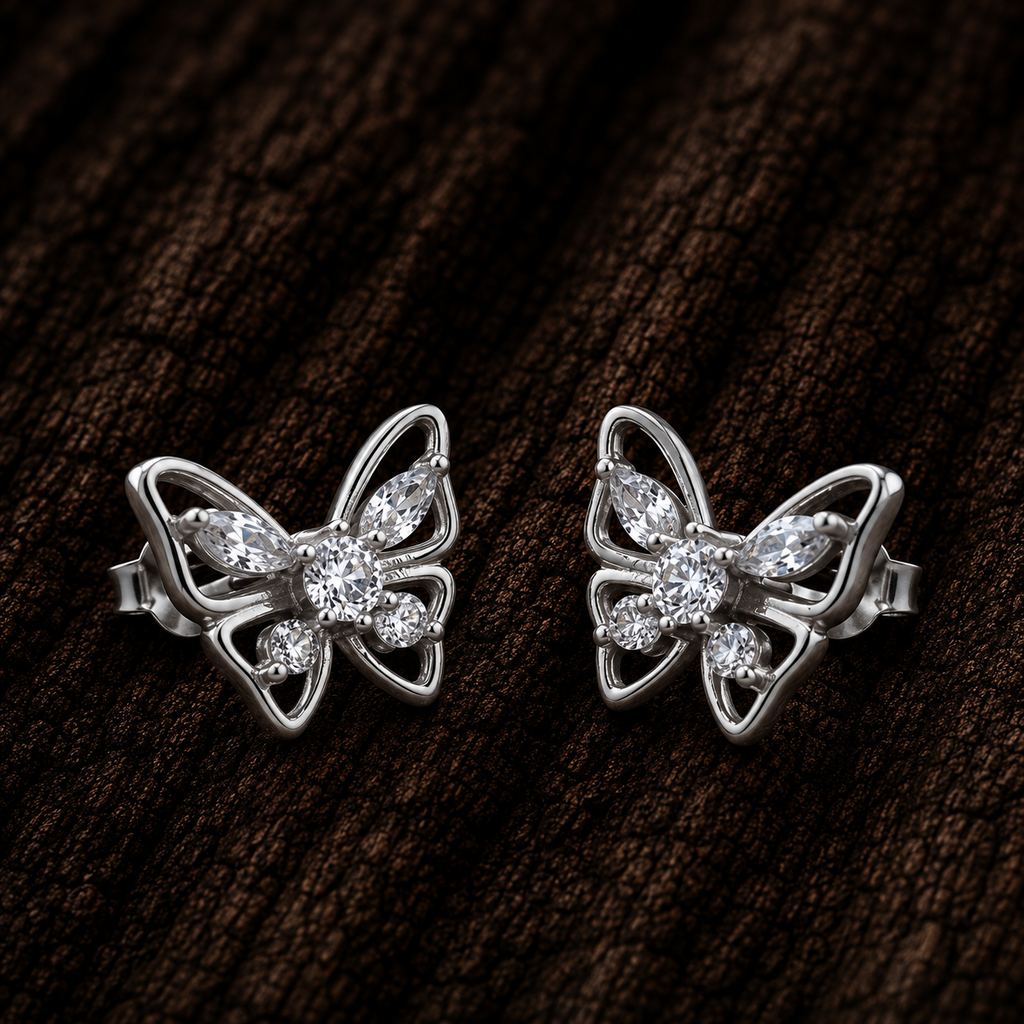925 Sterling Silver Butterfly Stud Earrings with AAA Cubic Zirconia