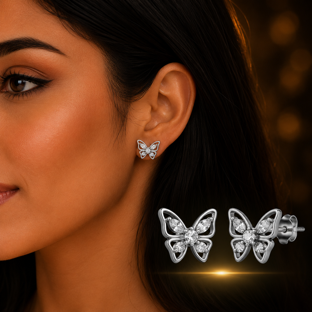 Woman wearing 925 Sterling Silver Butterfly Stud Earrings