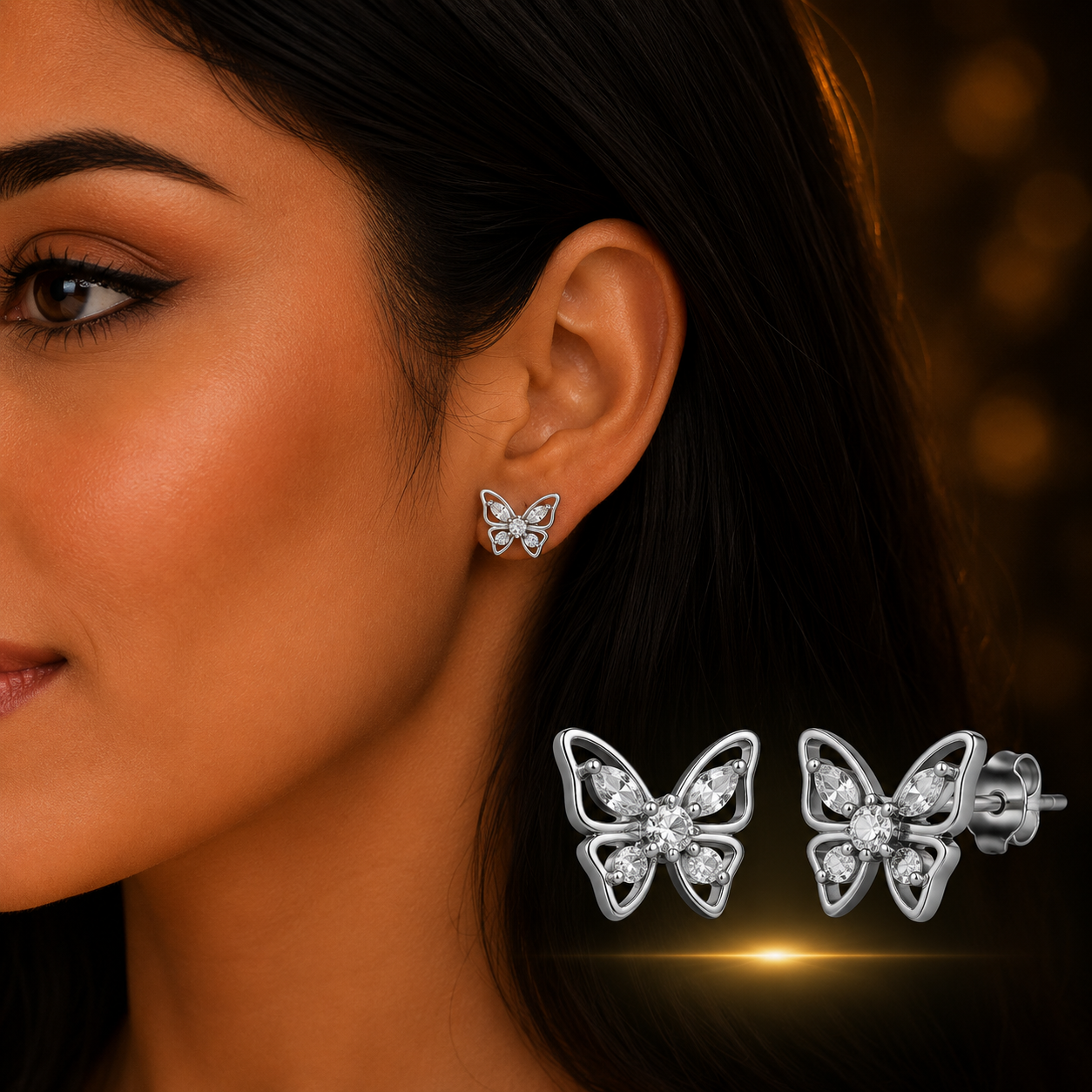 Woman wearing 925 Sterling Silver Butterfly Stud Earrings