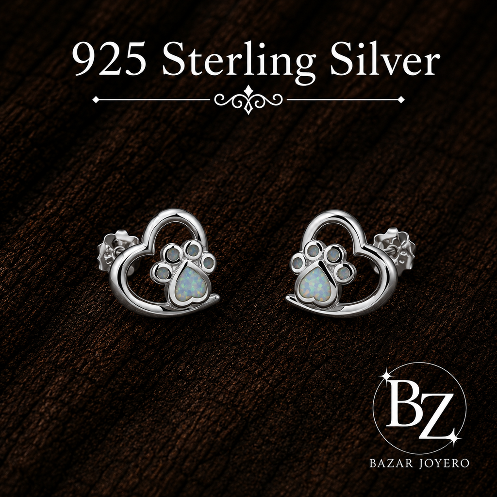 925 Sterling Silver Heart Paw Print Stud Earrings with White Lab Opal