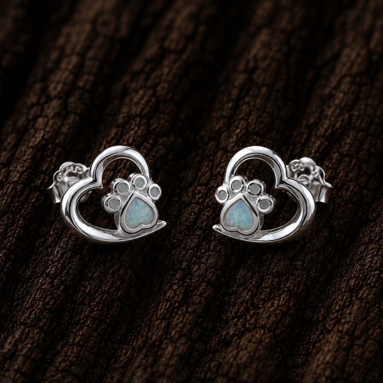 925 Sterling Silver Heart Paw Print Stud Earrings with White Lab Opal