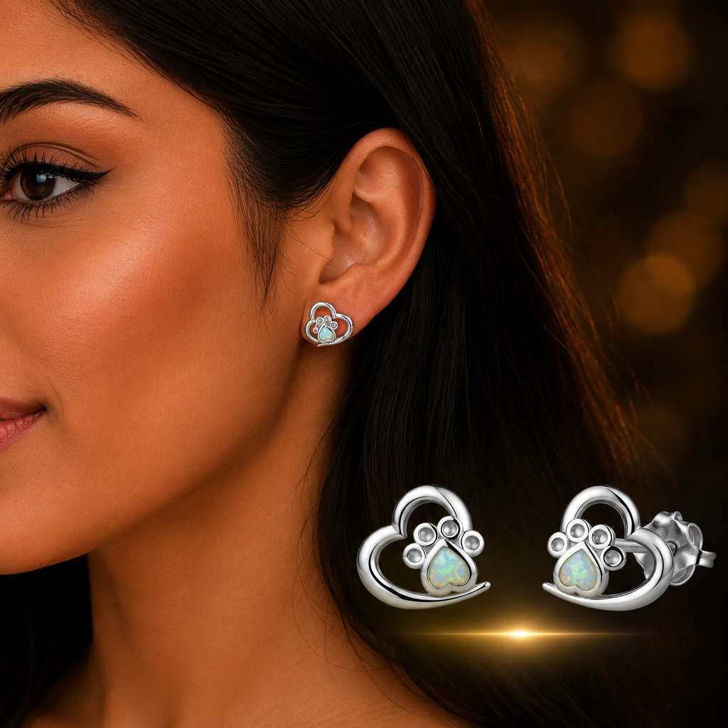 Woman wearing 925 Sterling Silver Heart Paw Print Stud Earrings