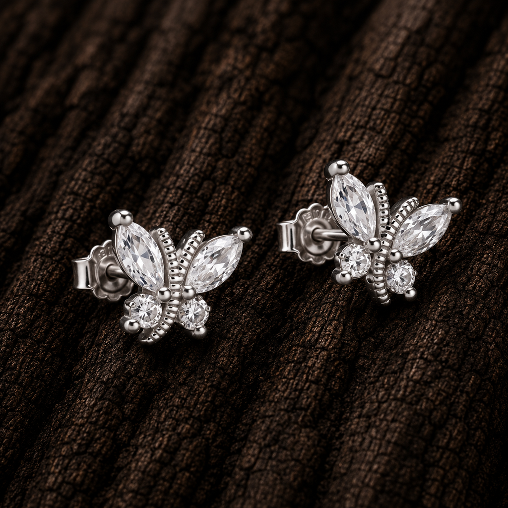 925 Sterling Silver Butterfly Stud Earrings with Marquise and Round Cubic Zirconia