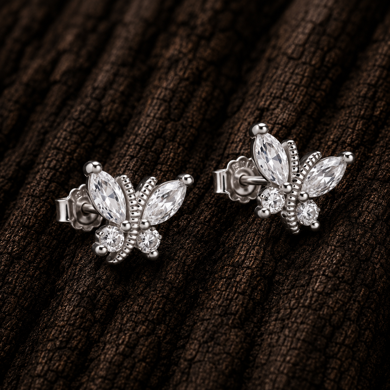 925 Sterling Silver Butterfly Stud Earrings with Marquise and Round Cubic Zirconia