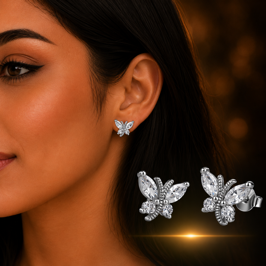 Woman wearing 925 Sterling Silver Butterfly Stud Earrings