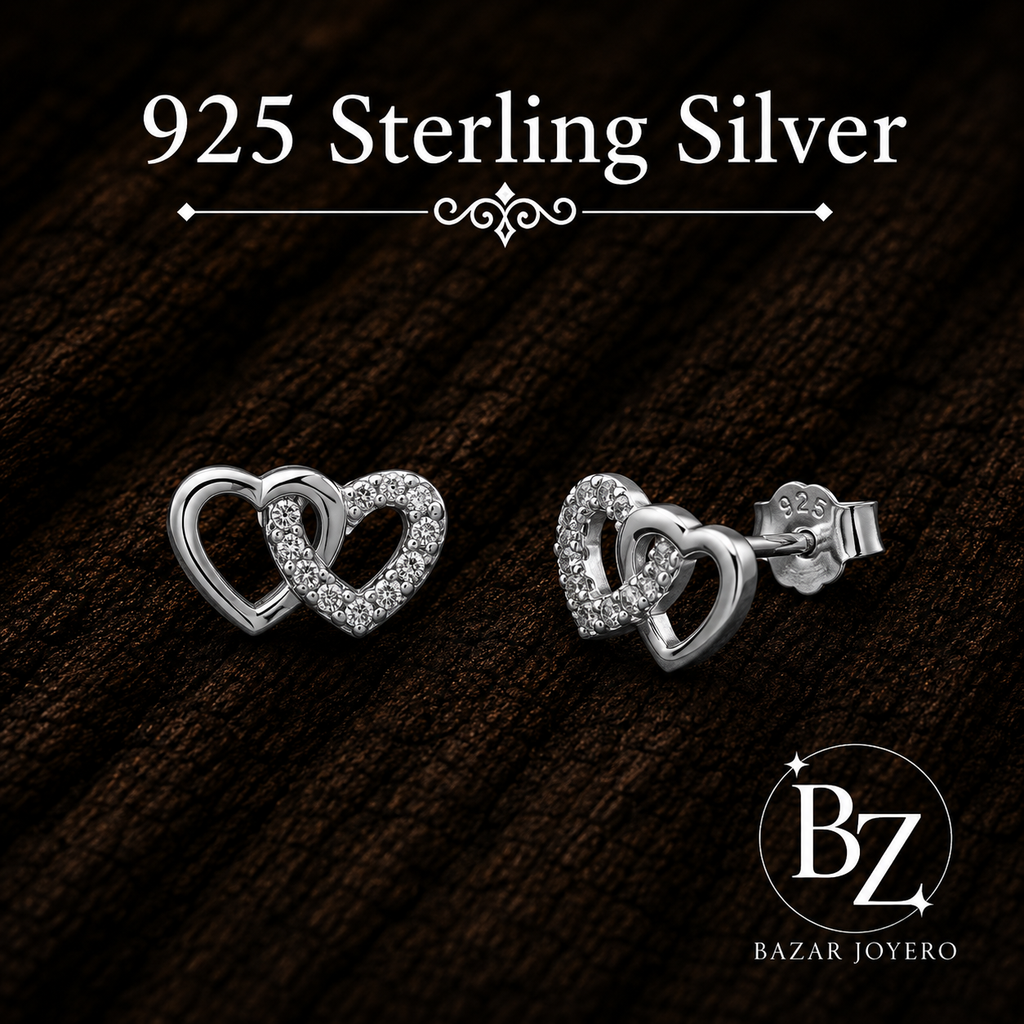 925 Sterling Silver Double Heart Stud Earrings with AAA Cubic Zirconia