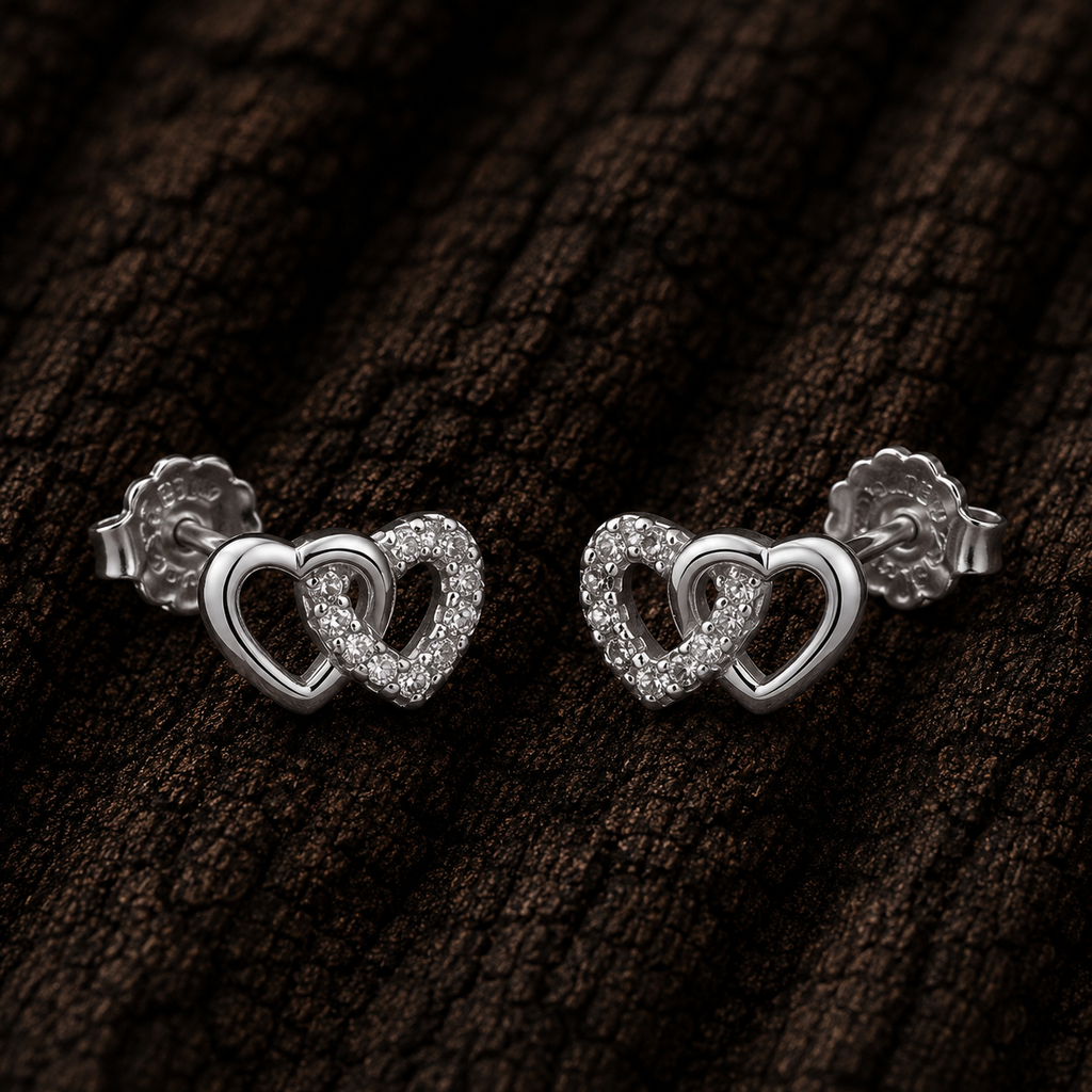 925 Sterling Silver Double Heart Stud Earrings with AAA Cubic Zirconia