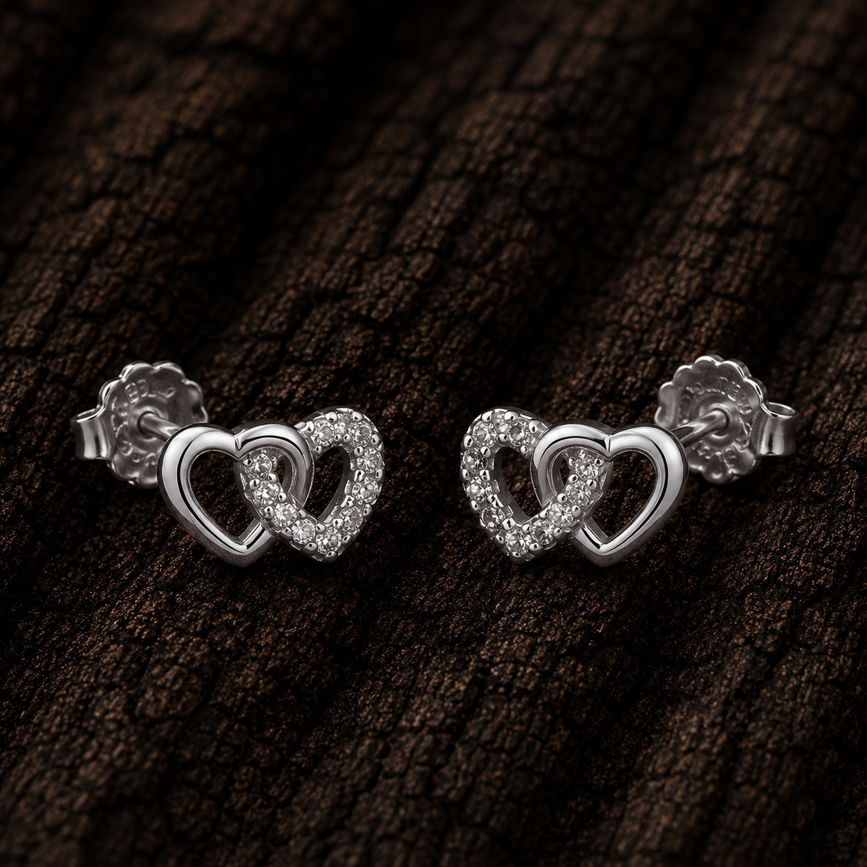 925 Sterling Silver Double Heart Stud Earrings with AAA Cubic Zirconia