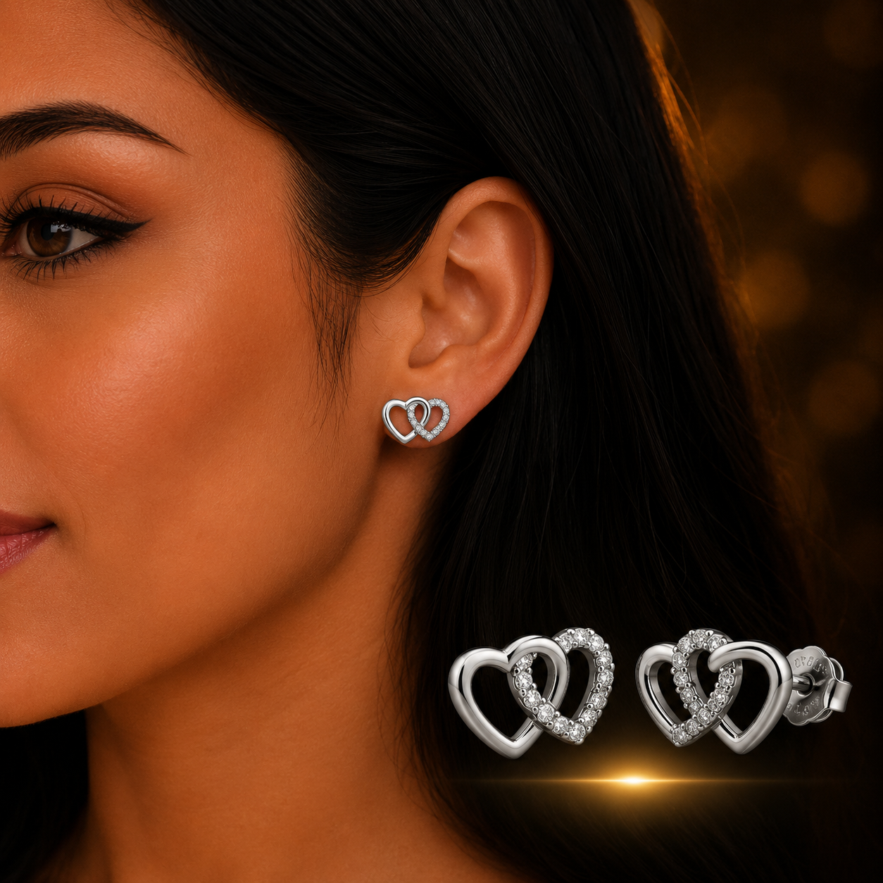 Woman wearing 925 Sterling Silver Double Heart Stud Earrings