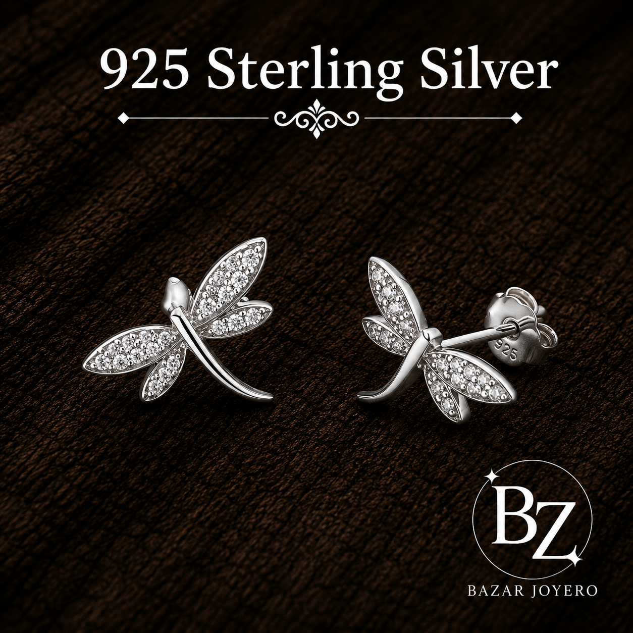 925 Sterling Silver Dragonfly Stud Earrings with AAA Cubic Zirconia