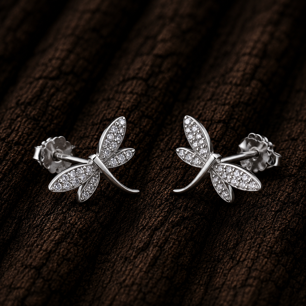 925 Sterling Silver Dragonfly Stud Earrings with AAA Cubic Zirconia