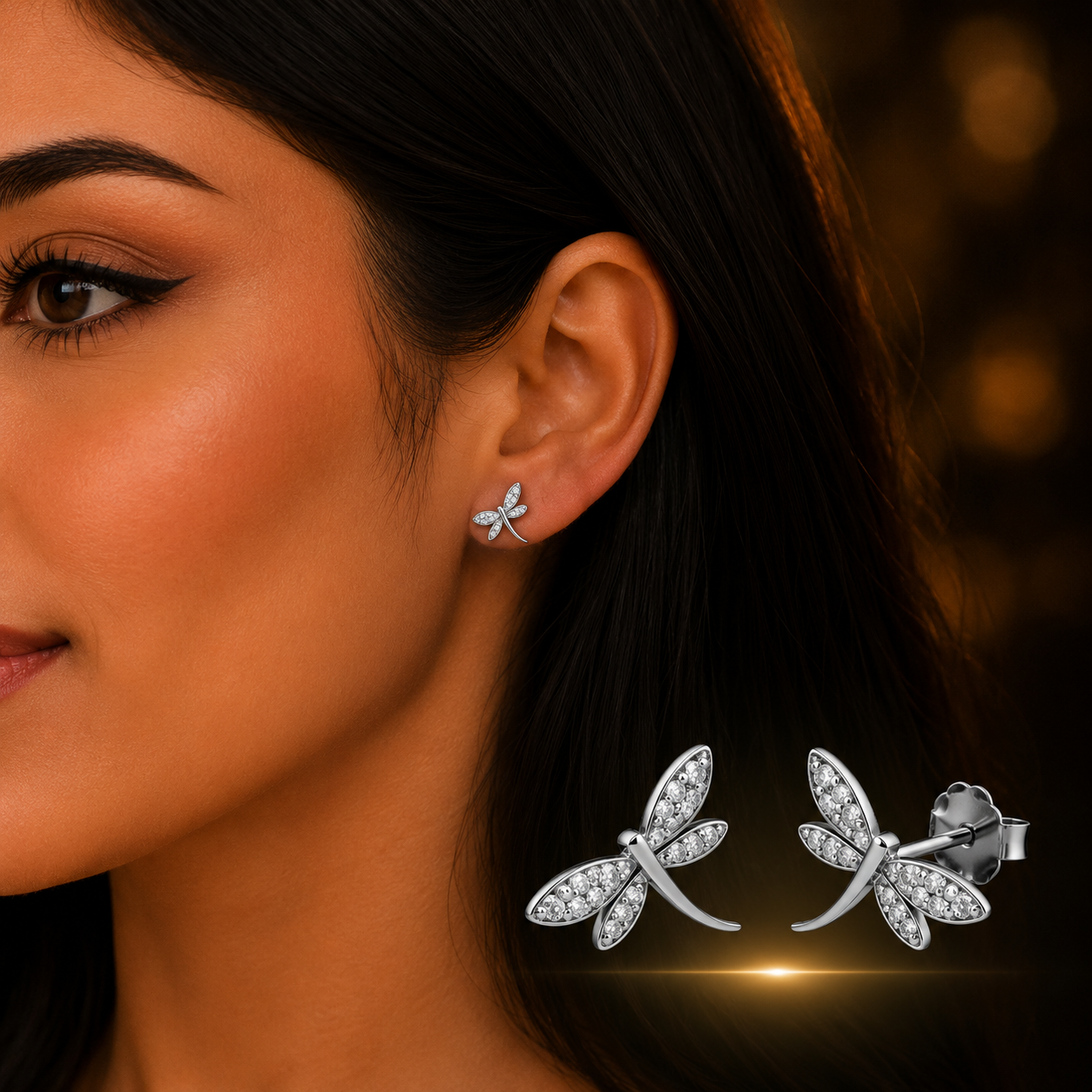 Woman wearing 925 Sterling Silver Dragonfly Stud Earrings