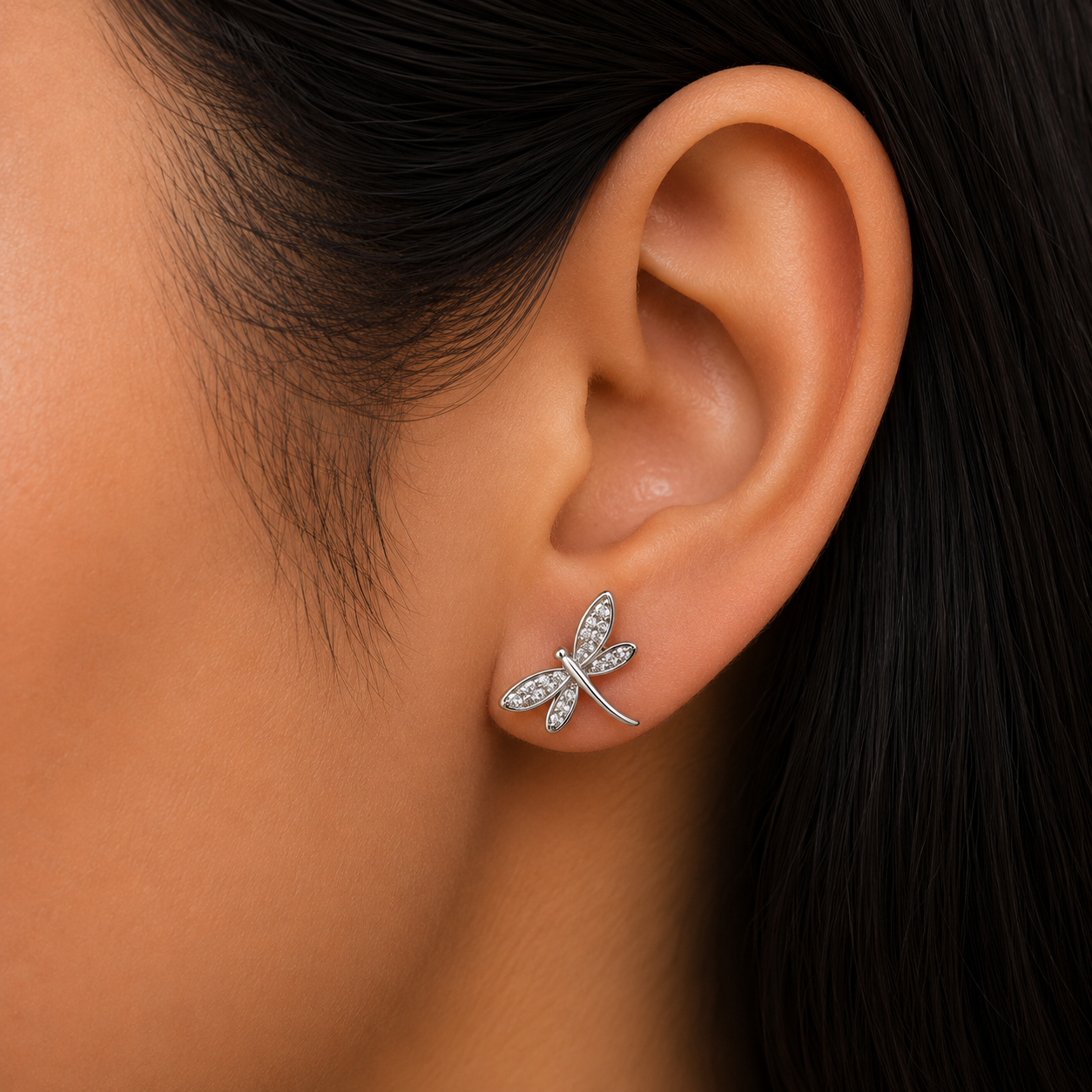 Woman wearing 925 Sterling Silver Dragonfly Stud Earrings