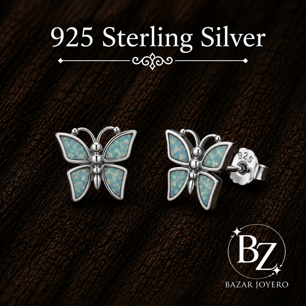 925 Sterling Silver Butterfly Stud Earrings with White Lab Opal