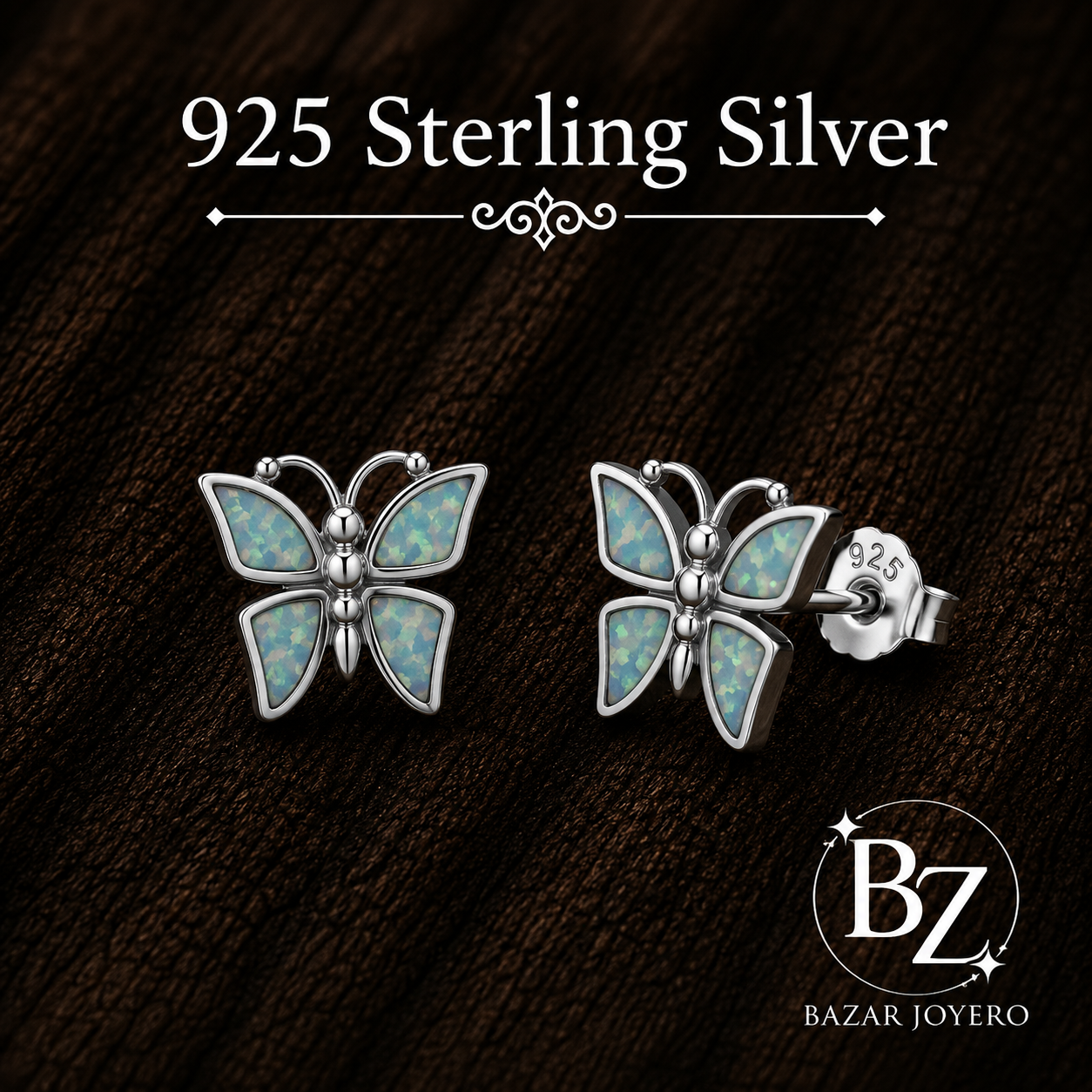 925 Sterling Silver Butterfly Stud Earrings with White Lab Opal