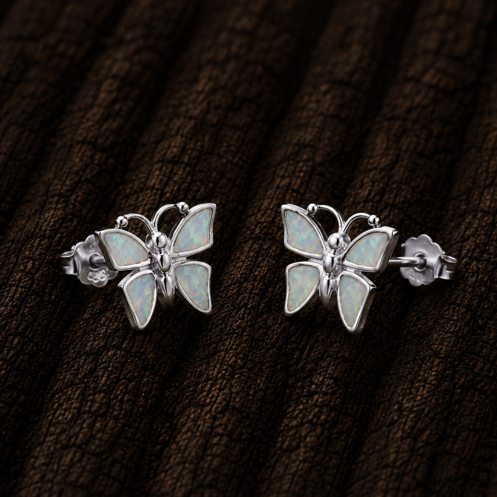 925 Sterling Silver Butterfly Stud Earrings with White Lab Opal