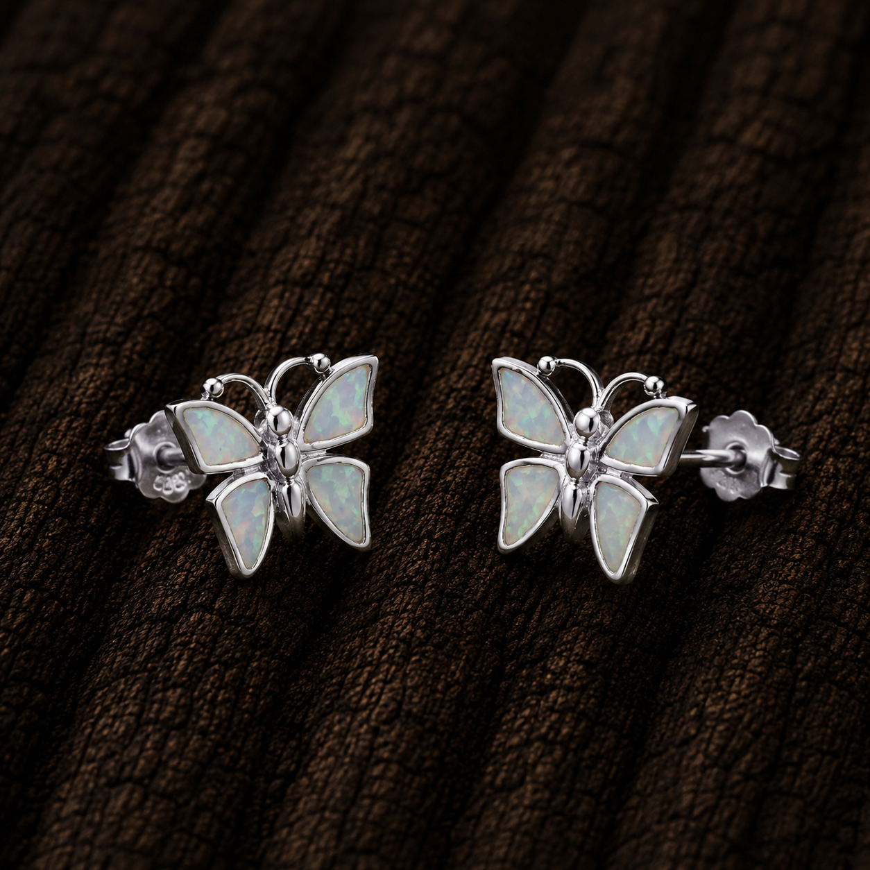 925 Sterling Silver Butterfly Stud Earrings with White Lab Opal