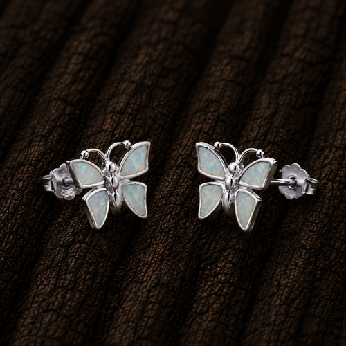 925 Sterling Silver Butterfly Stud Earrings with White Lab Opal