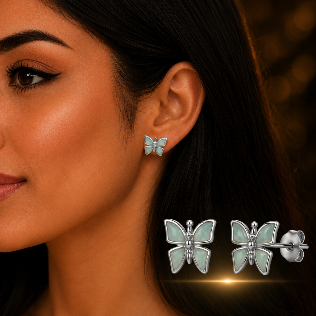 Woman wearing 925 Sterling Silver Butterfly Opal Stud Earrings