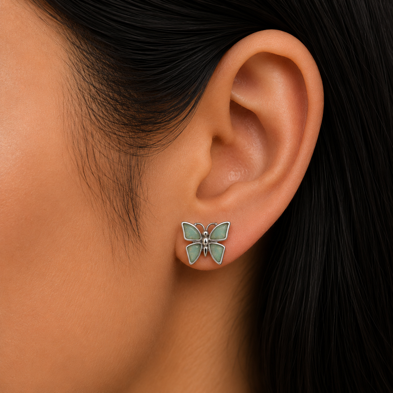 Woman wearing 925 Sterling Silver Butterfly Opal Stud Earrings