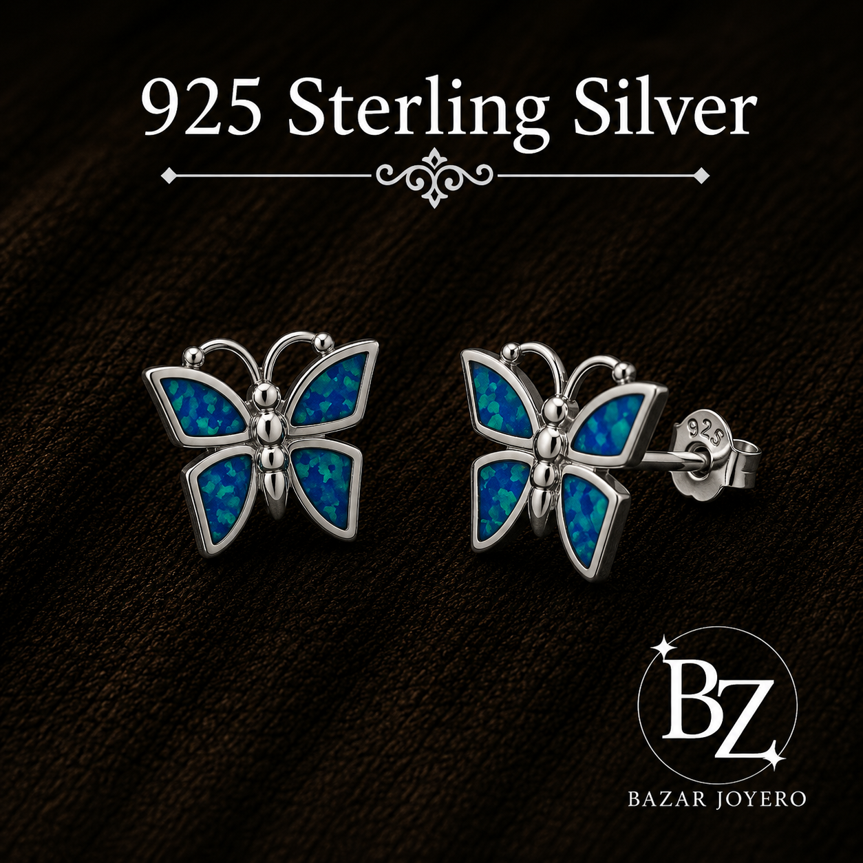 925 Sterling Silver Butterfly Stud Earrings with Blue Lab Opal