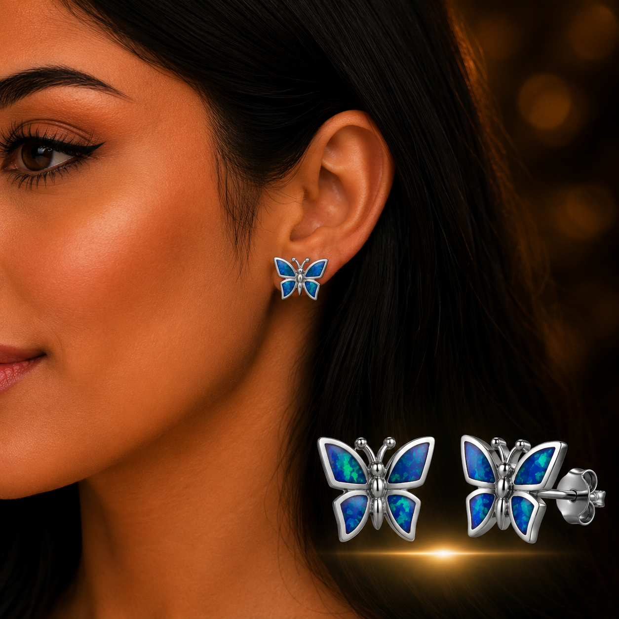 Woman wearing 925 Sterling Silver Blue Lab Opal Butterfly Stud Earrings