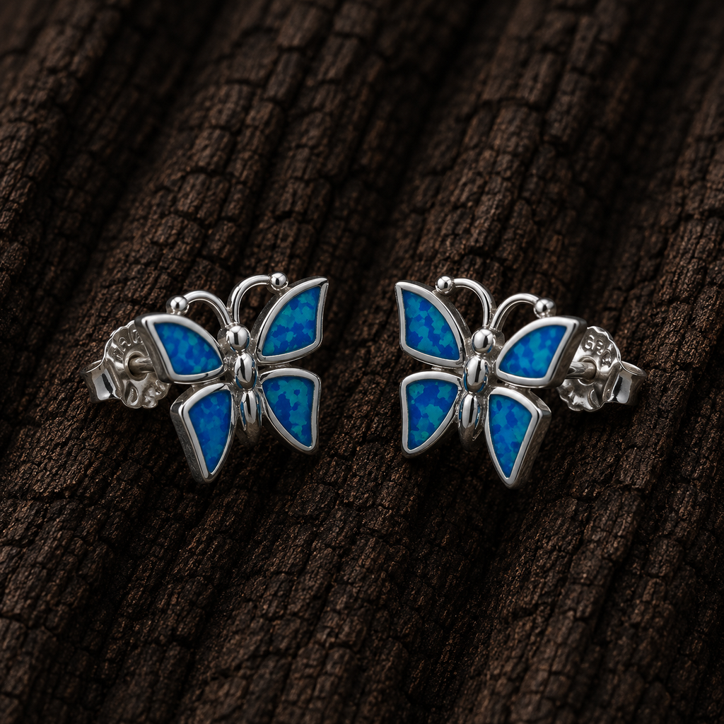 925 Sterling Silver Butterfly Stud Earrings with Blue Lab Opal