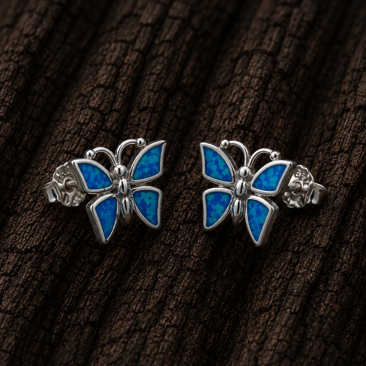 925 Sterling Silver Butterfly Stud Earrings with Blue Lab Opal