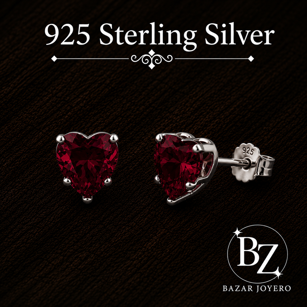 925 Sterling Silver Heart Stud Earrings with Ruby Red Cubic Zirconia