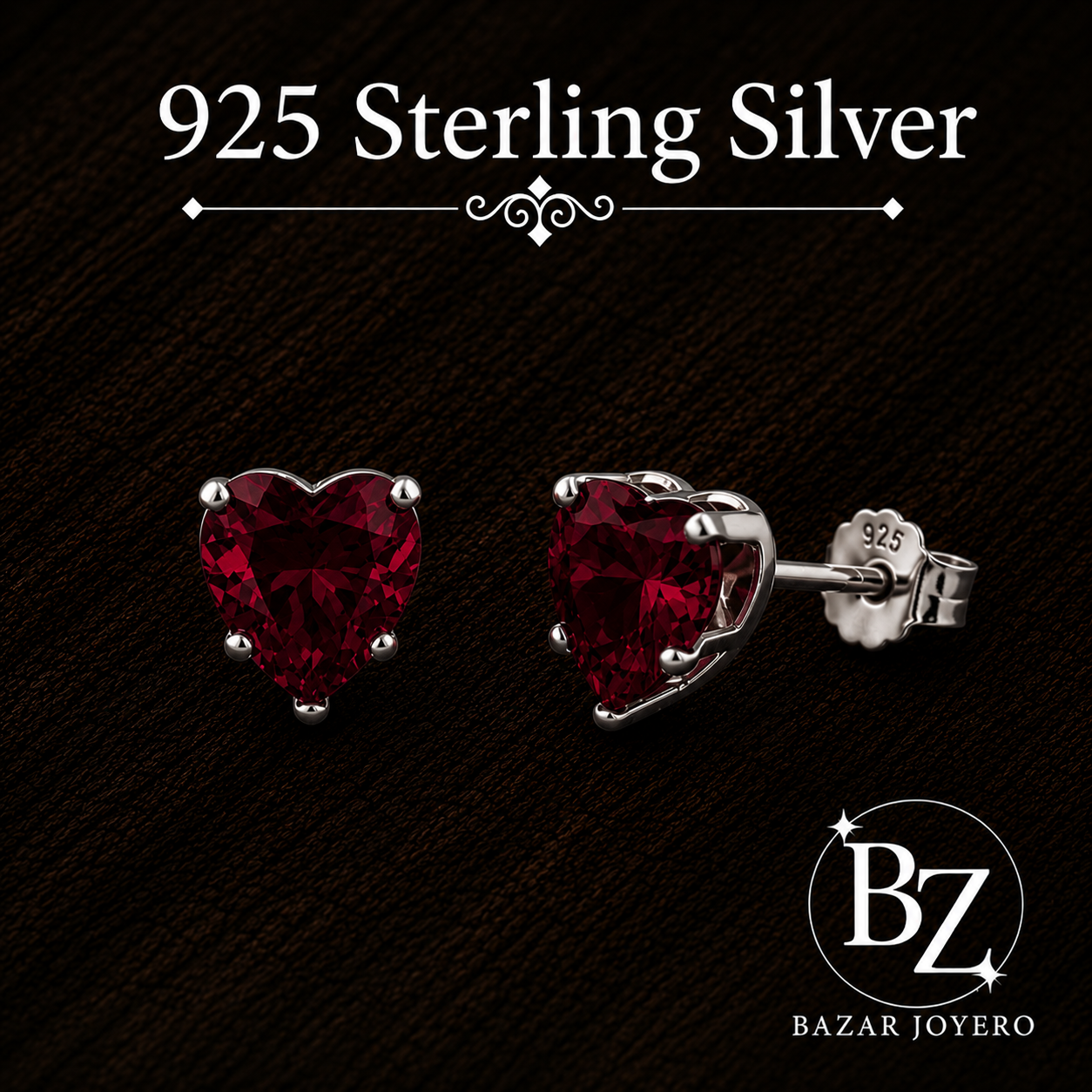 925 Sterling Silver Heart Stud Earrings with Ruby Red Cubic Zirconia
