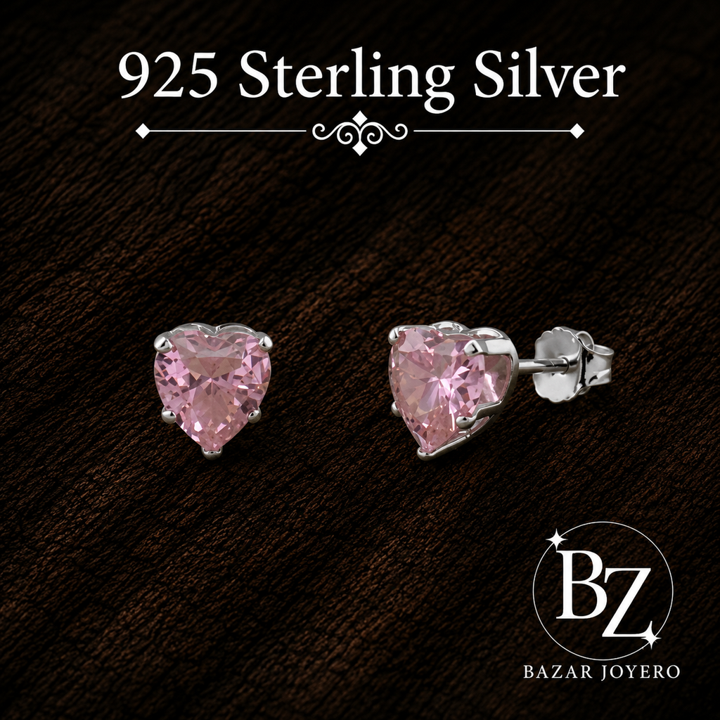 925 Sterling Silver Heart Stud Earrings with Light Pink Cubic Zirconia