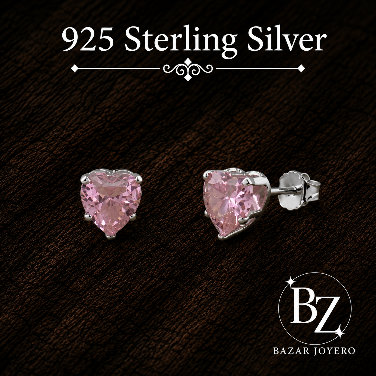 925 Sterling Silver Heart Stud Earrings with Light Pink Cubic Zirconia