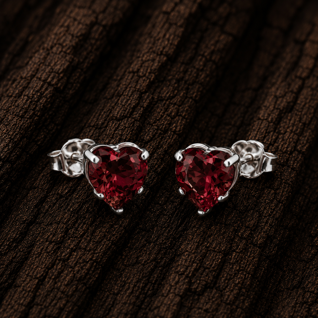 925 Sterling Silver Heart Stud Earrings with Ruby Red Cubic Zirconia