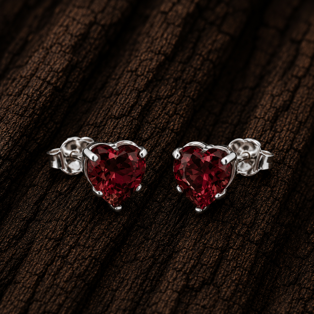 925 Sterling Silver Heart Stud Earrings with Ruby Red Cubic Zirconia