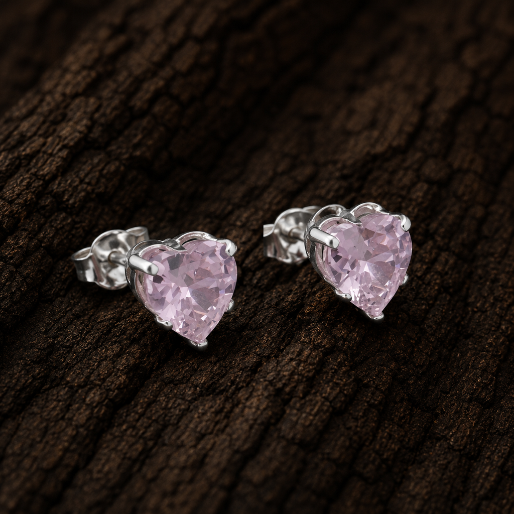 925 Sterling Silver Heart Stud Earrings with Light Pink Cubic Zirconia