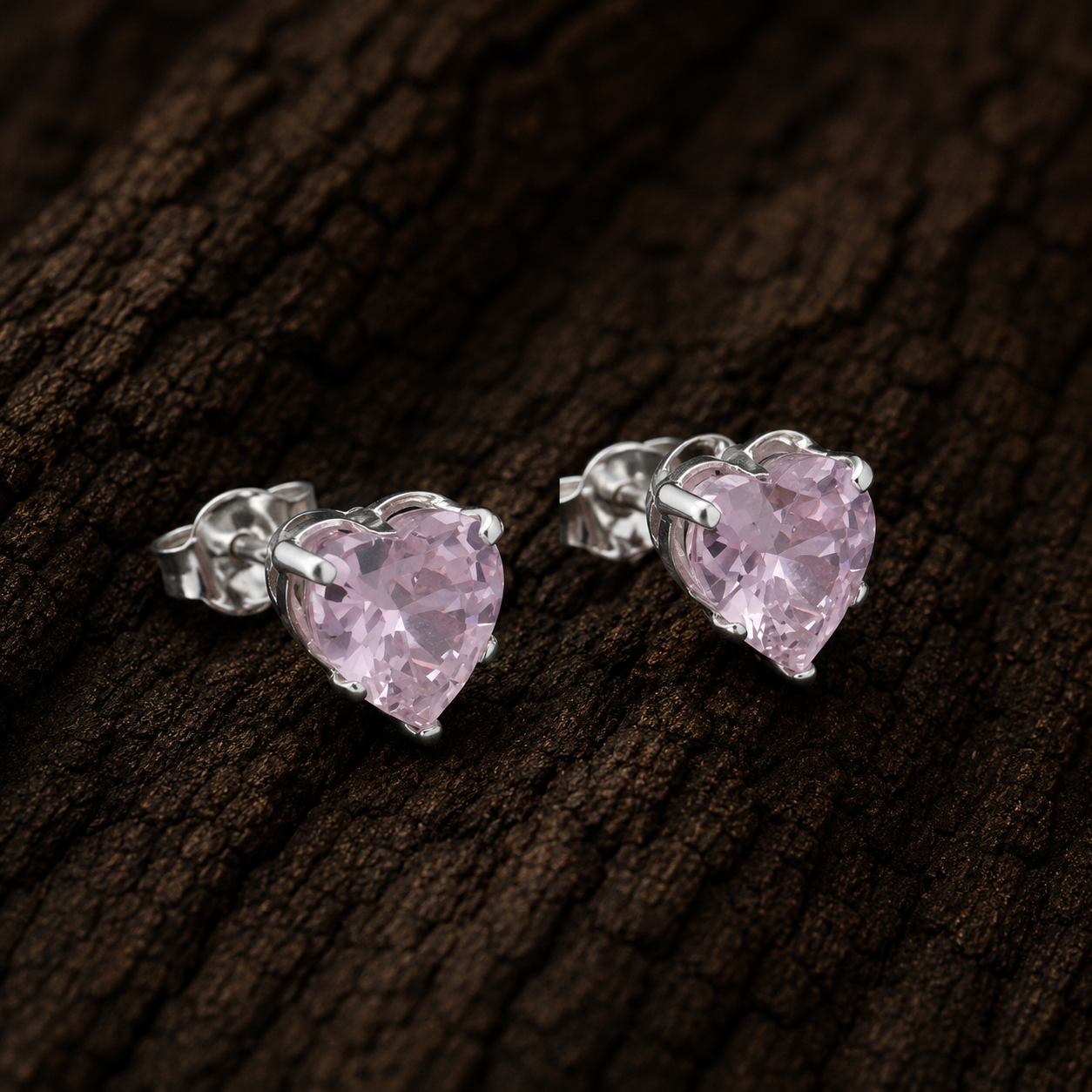 925 Sterling Silver Heart Stud Earrings with Light Pink Cubic Zirconia