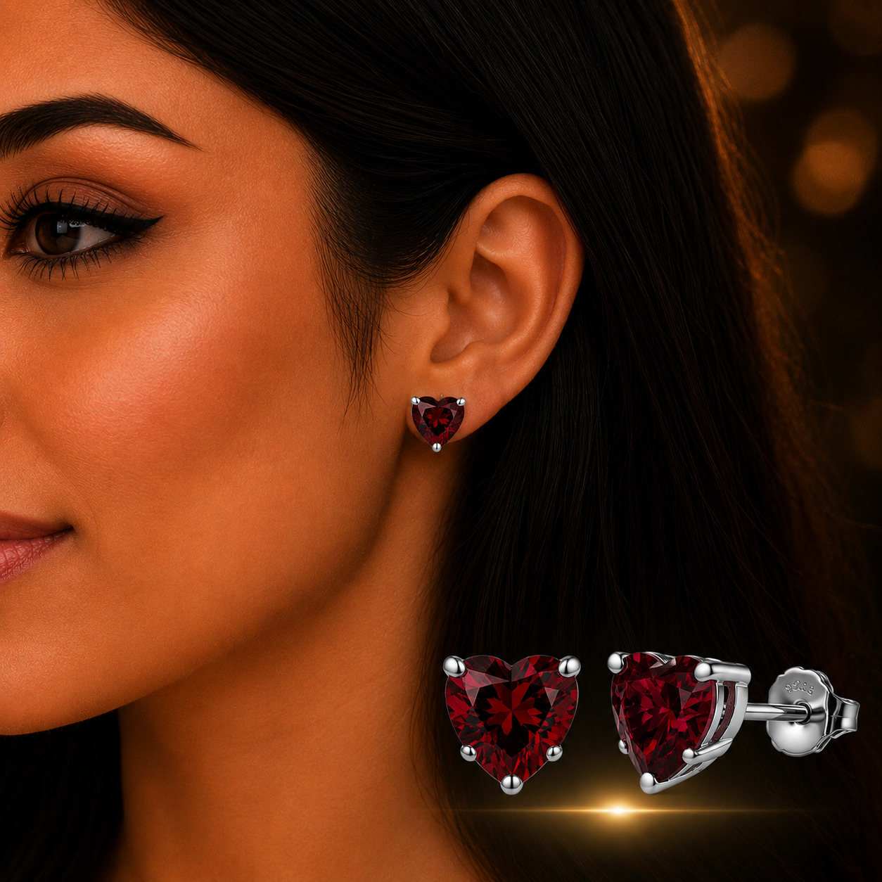 Woman wearing 925 Sterling Silver Ruby Red Heart Stud Earrings