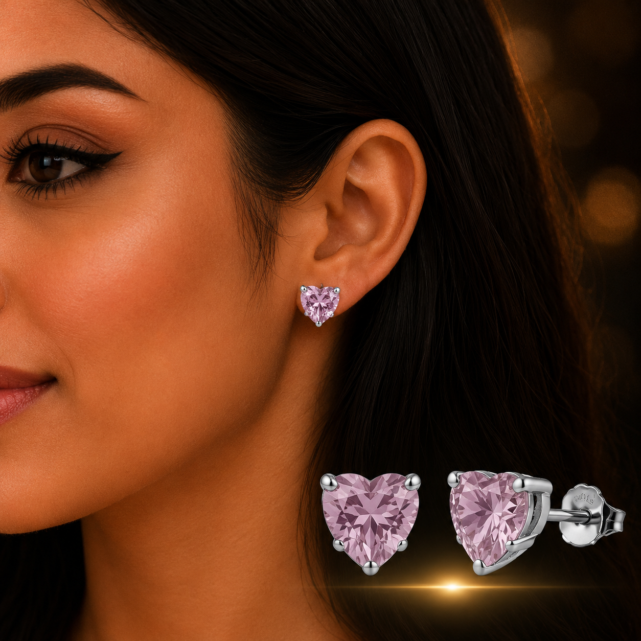 Woman wearing 925 Sterling Silver Pink Heart Stud Earrings