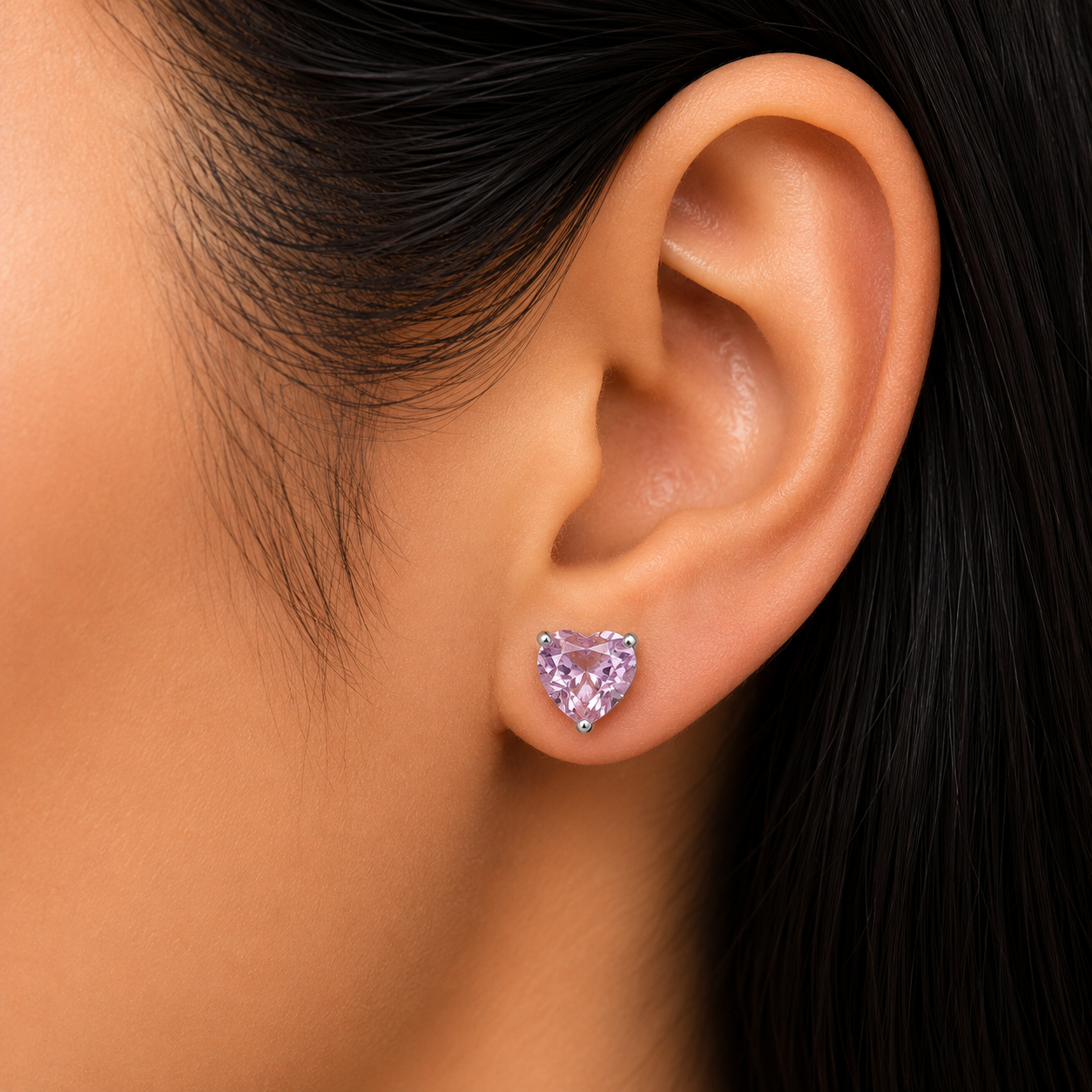 Woman wearing 925 Sterling Silver Pink Heart Stud Earrings