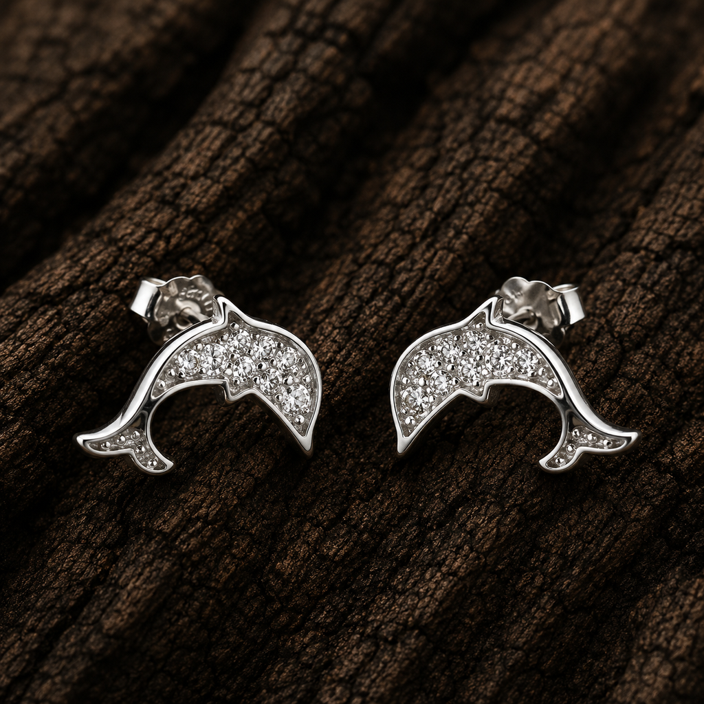 925 Sterling Silver Dolphin Stud Earrings with Cubic Zirconia