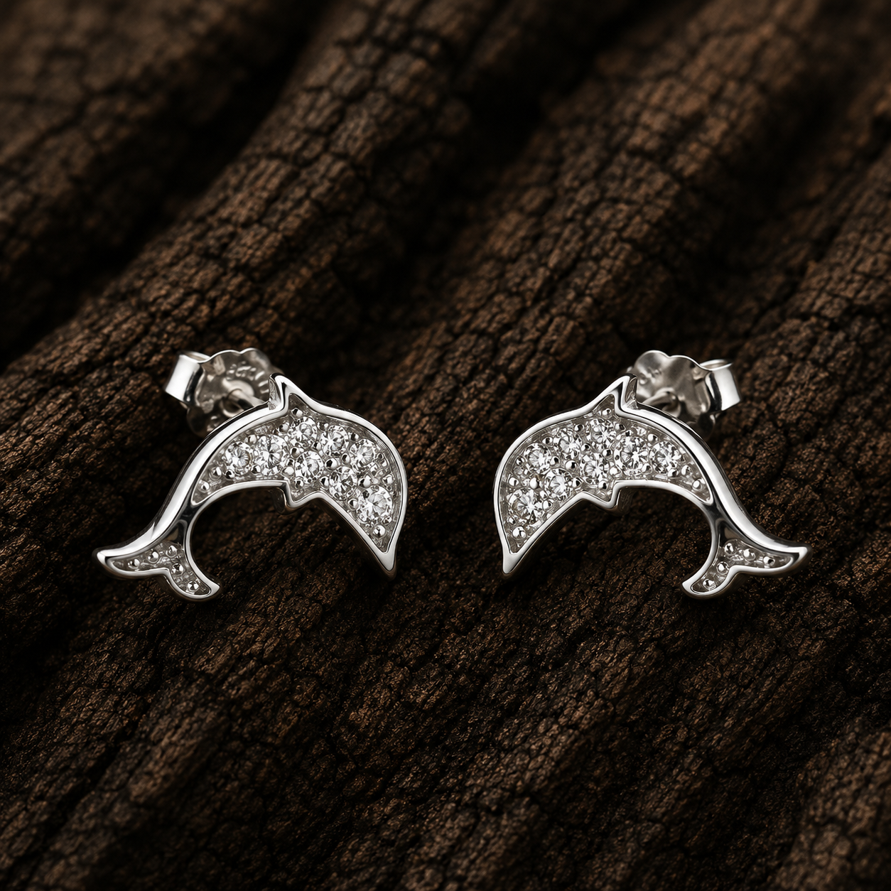925 Sterling Silver Dolphin Stud Earrings with Cubic Zirconia
