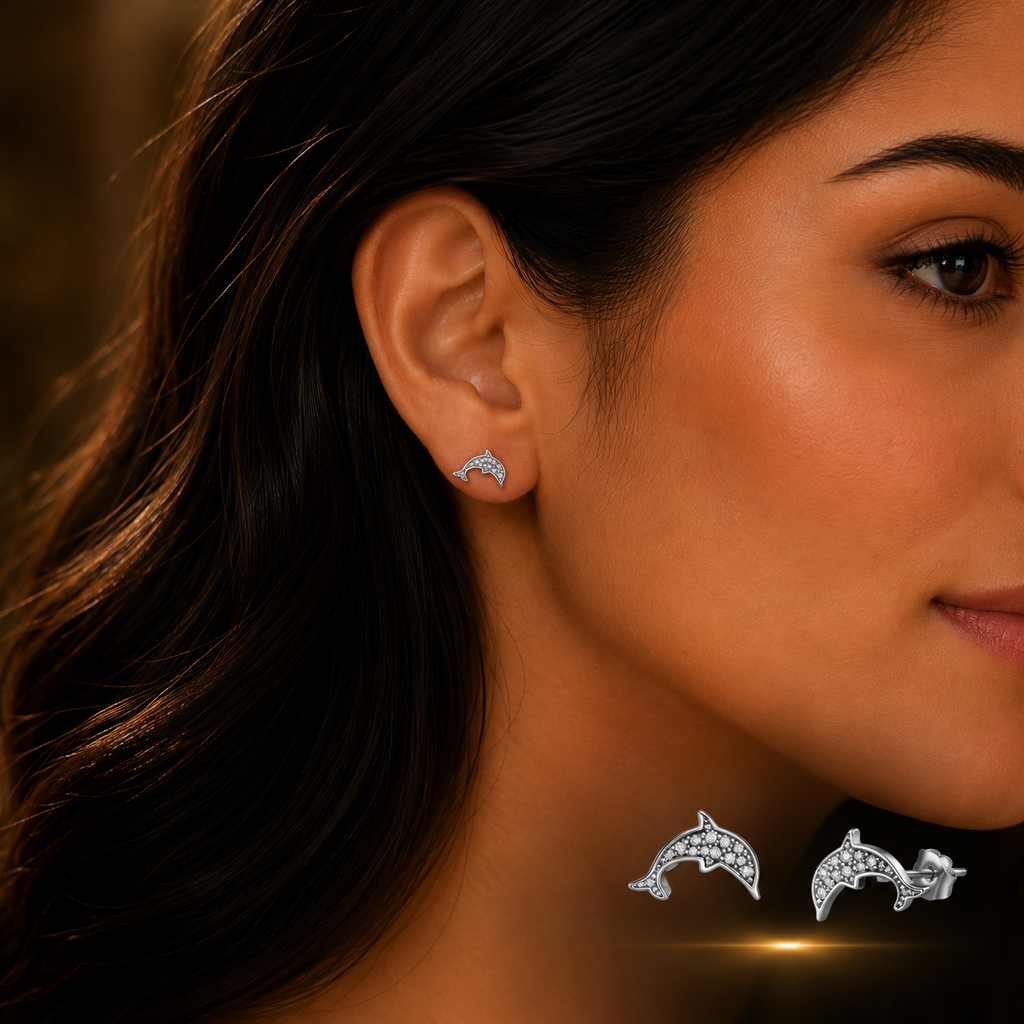Woman wearing 925 Sterling Silver Dolphin Stud Earrings