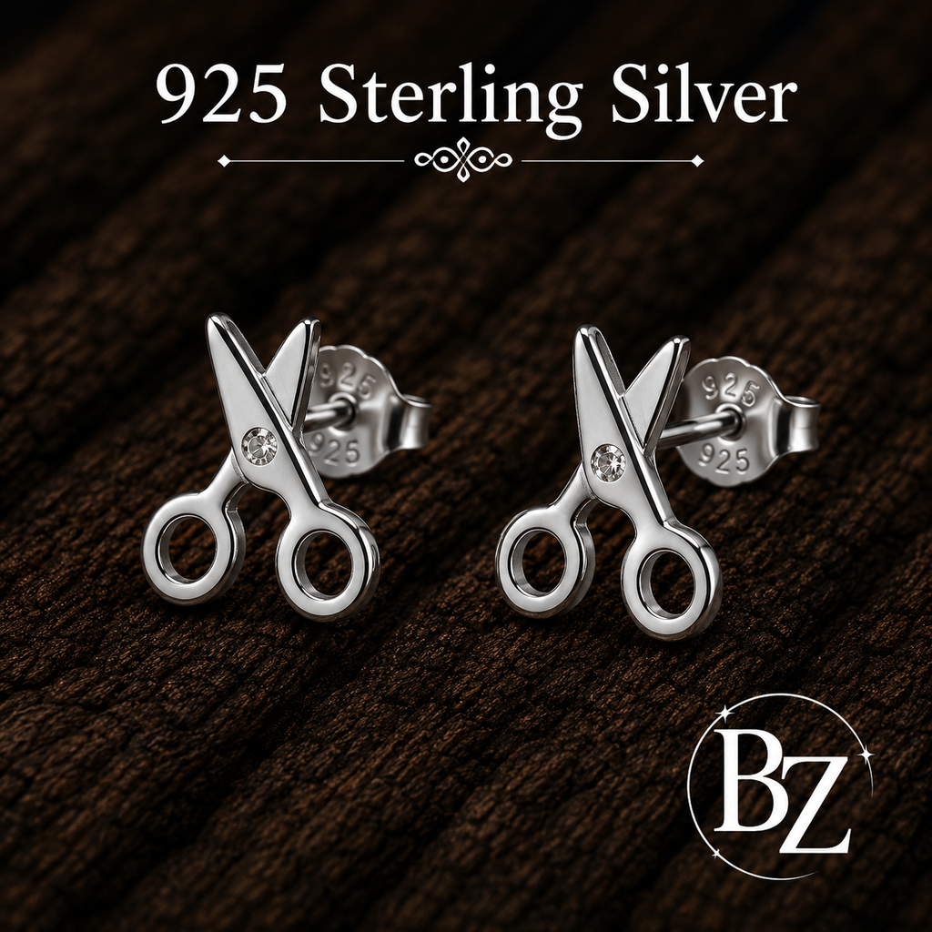 925 Sterling Silver Scissors Stud Earrings with Cubic Zirconia