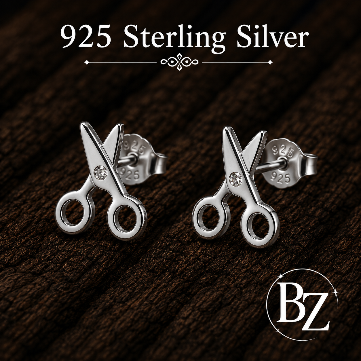 925 Sterling Silver Scissors Stud Earrings with Cubic Zirconia