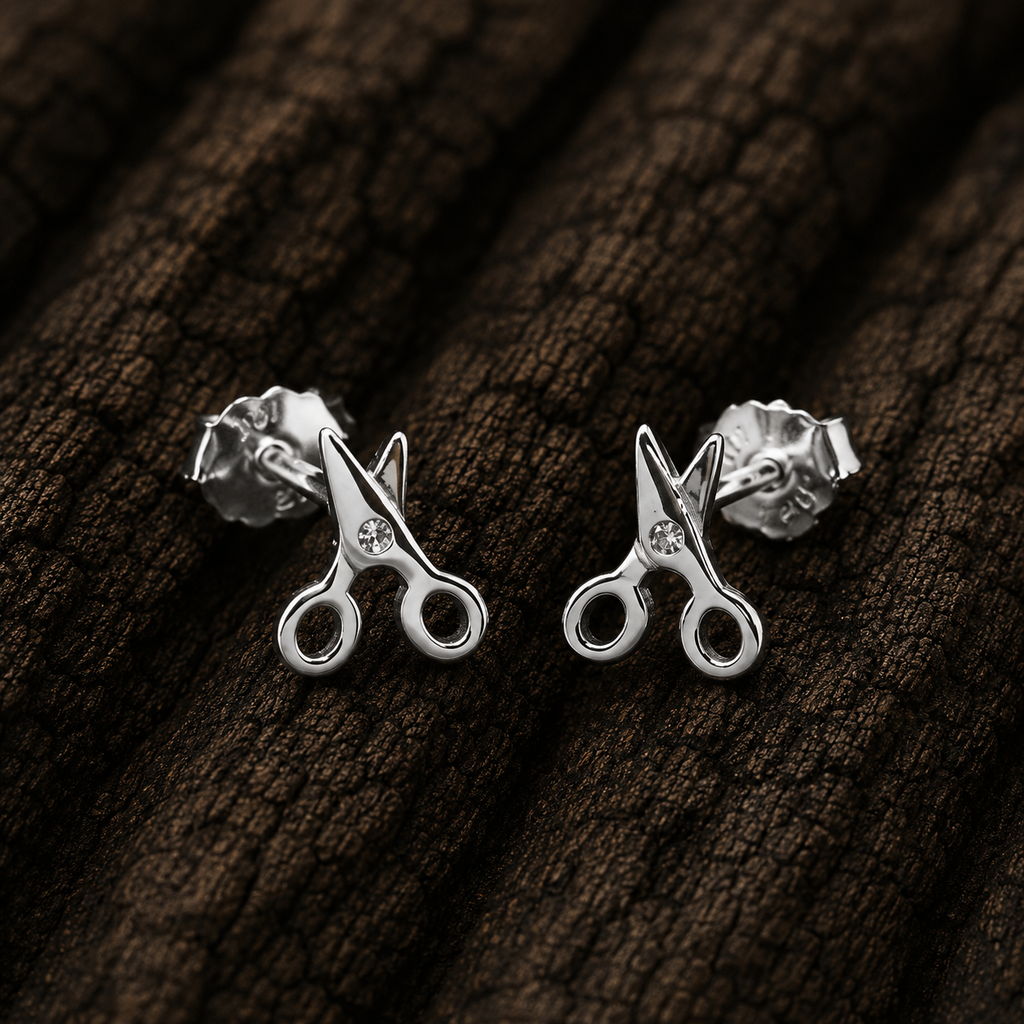 925 Sterling Silver Scissors Stud Earrings with Cubic Zirconia